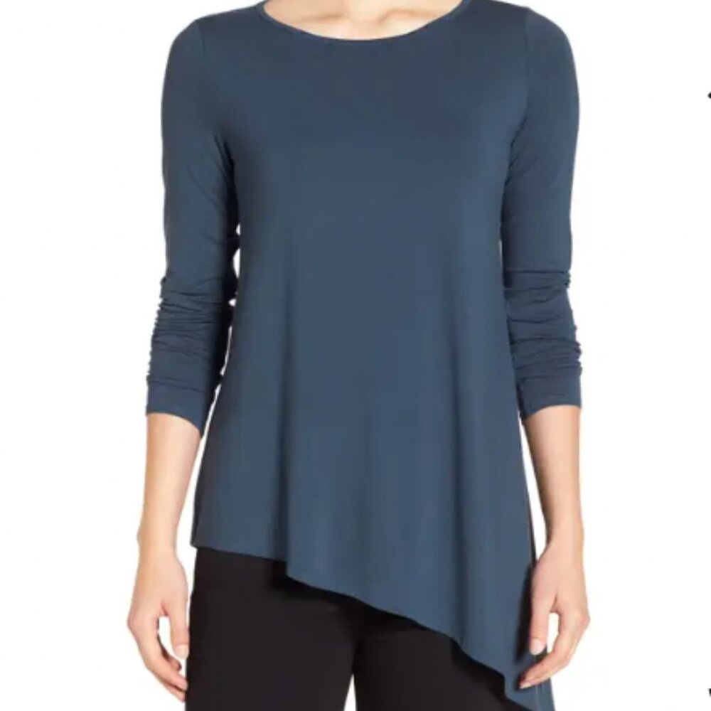 Eileen Risher Round Neck Lightweight Jersey Asymmetrical Hem Top